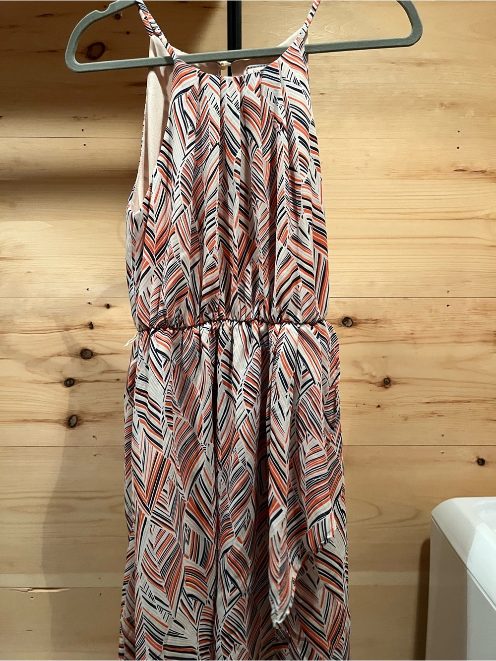 Flying Tomato Geometric High-Low Skirt in Coral, Navy and White
